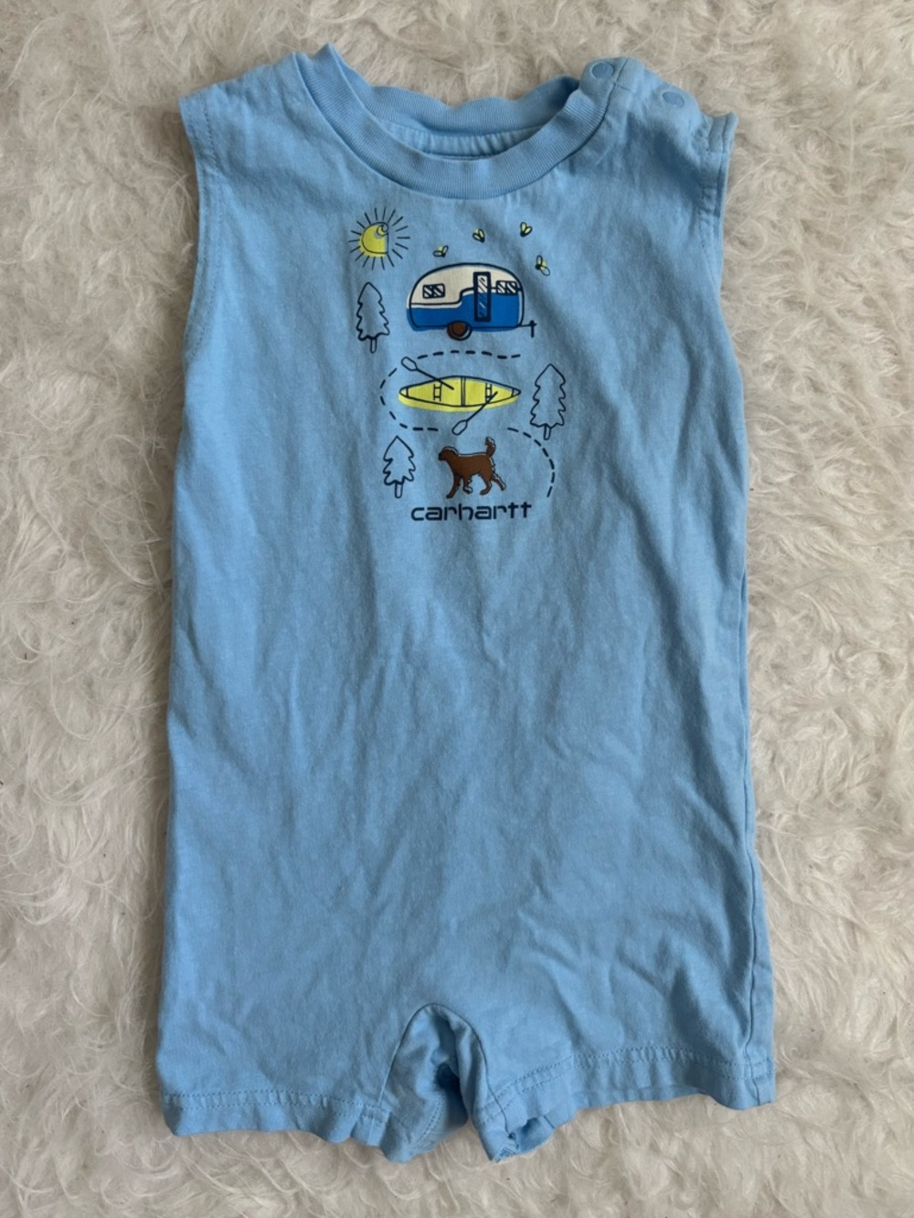 Carhartt Baby Light Blue Sleeveless Romper with Outdoor Camping Graphic